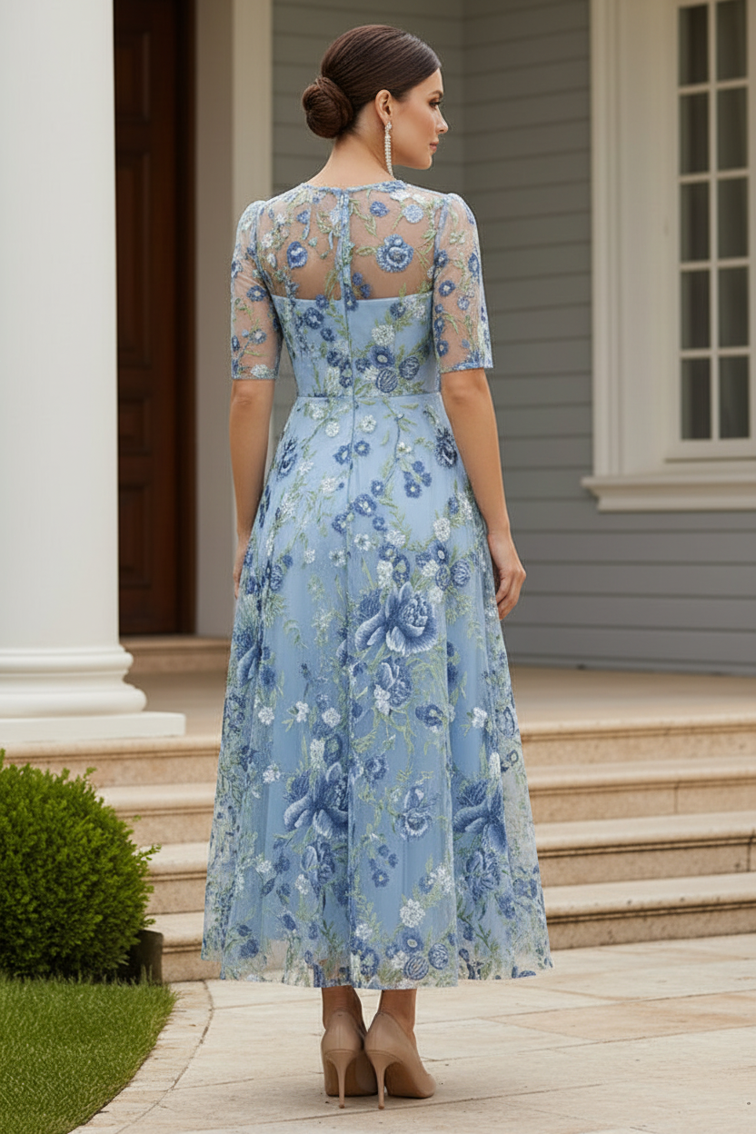 Floral Embroidered Illusion A-Line Midi Dress