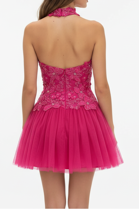 Floral Beaded Halter Neck Tulle Mini Dress