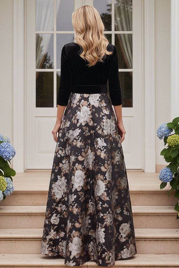 Velvet Bodice Floral A-Line Evening Gown