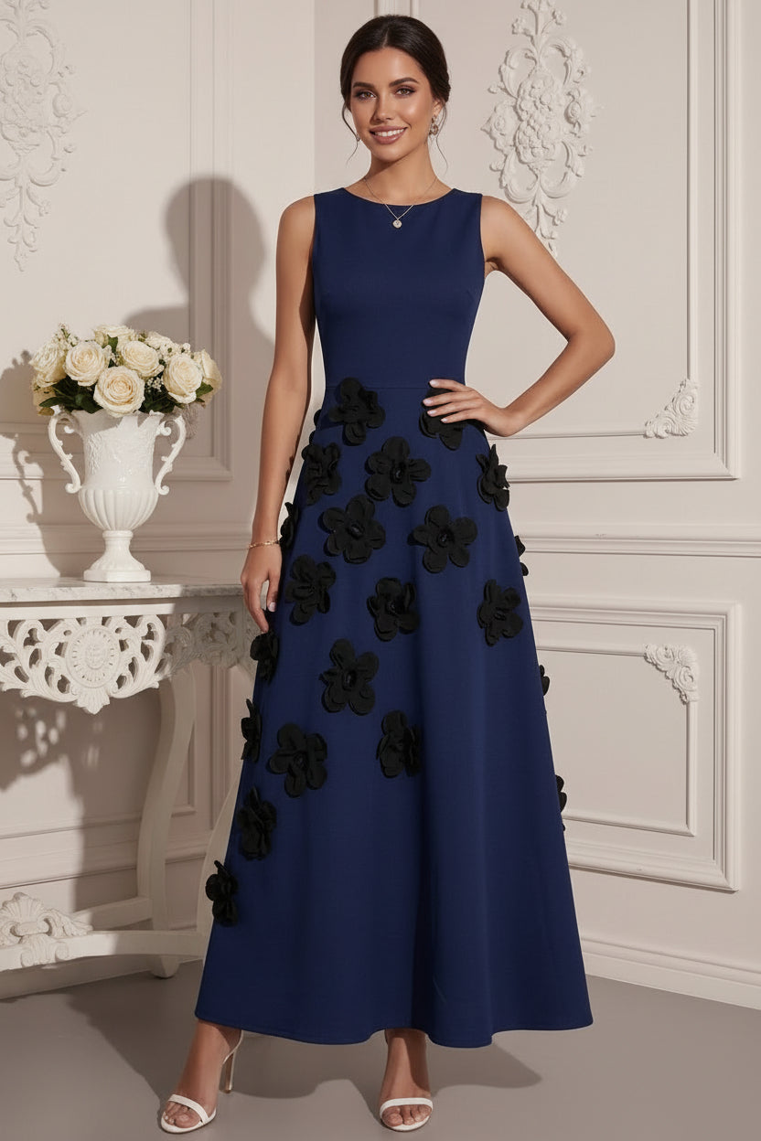 Sleeveless A-Line Maxi Dress with 3D Floral Appliques