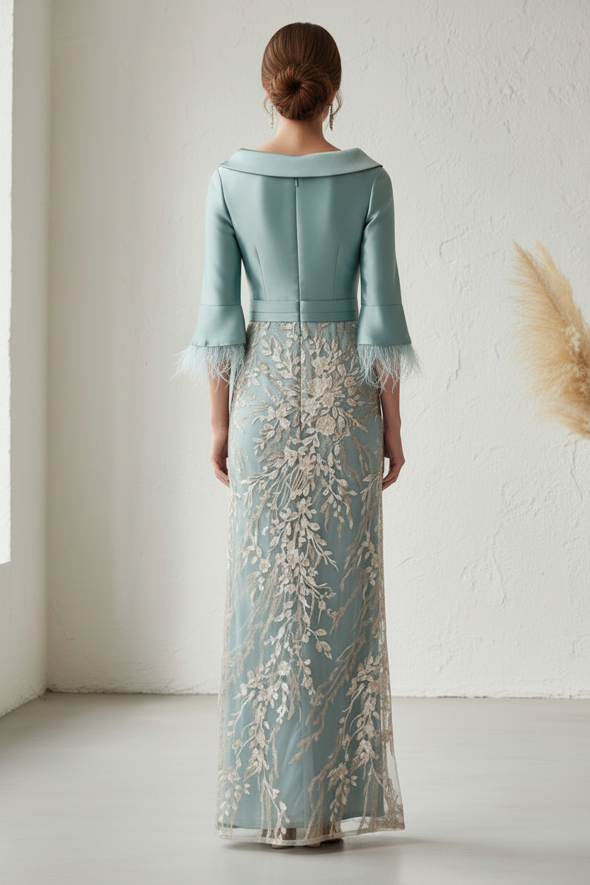 Elegant Embroidered Bateau Neck Feather Trim Gown