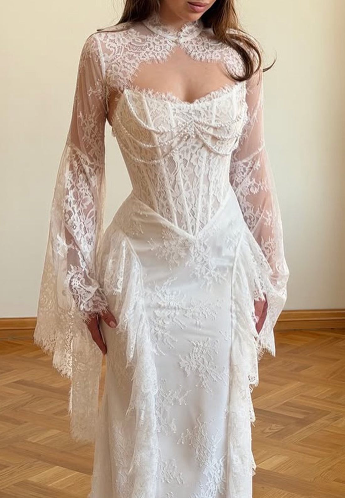 High Neck Lace Mermaid Wedding Dress with Bell Sleeves