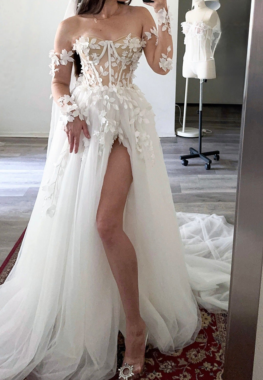3D Floral Applique Corset Wedding Dress with Slit