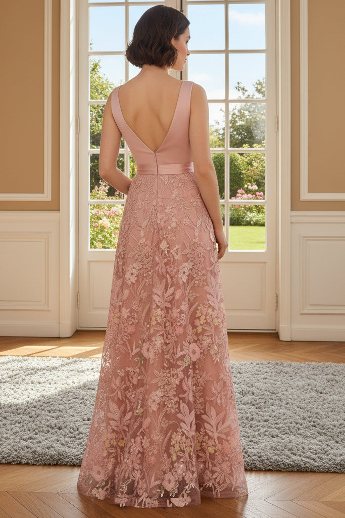 Floral Lace A-Line V-Neck Evening Gown