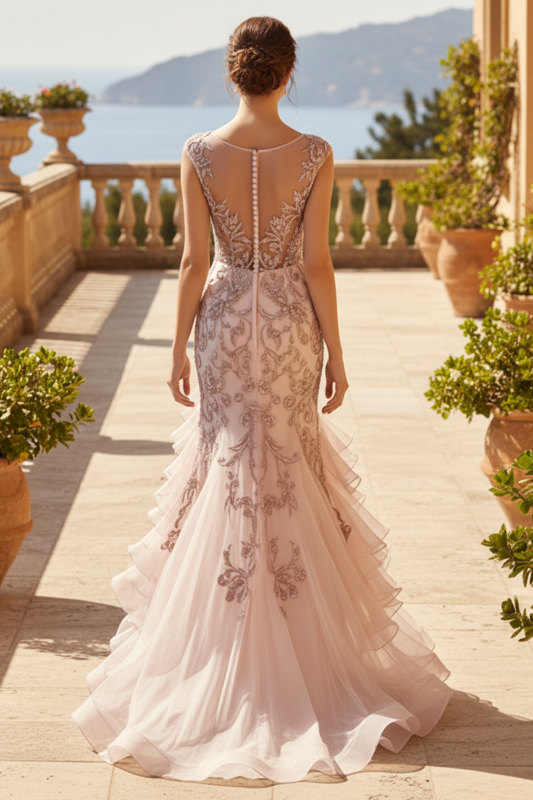 Embroidered Illusion Mermaid Gown with Cascading Ruffles