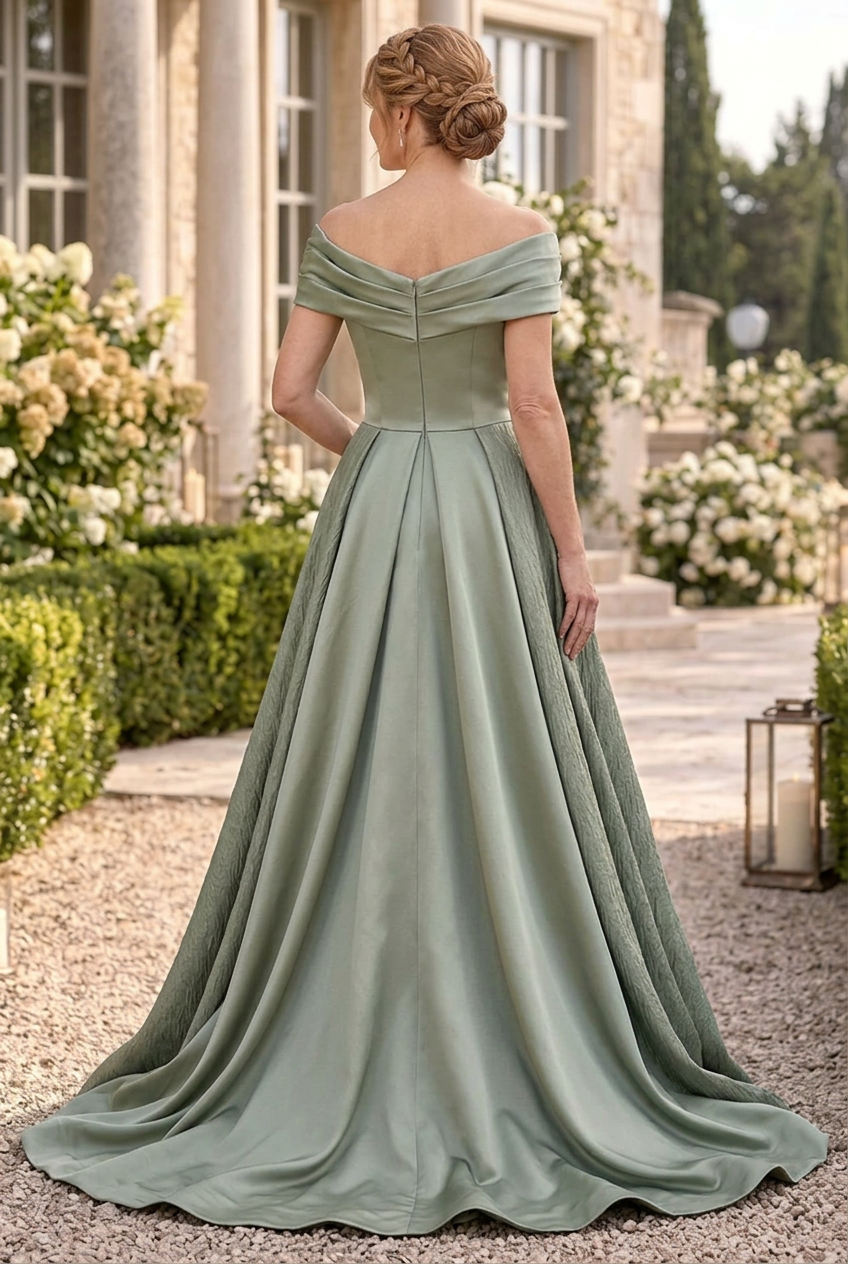 Off-Shoulder Gown with Embroidered Column & Overskirt