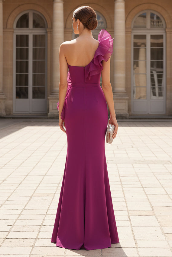 One-Shoulder Ruffle Mermaid Gown with High Slit