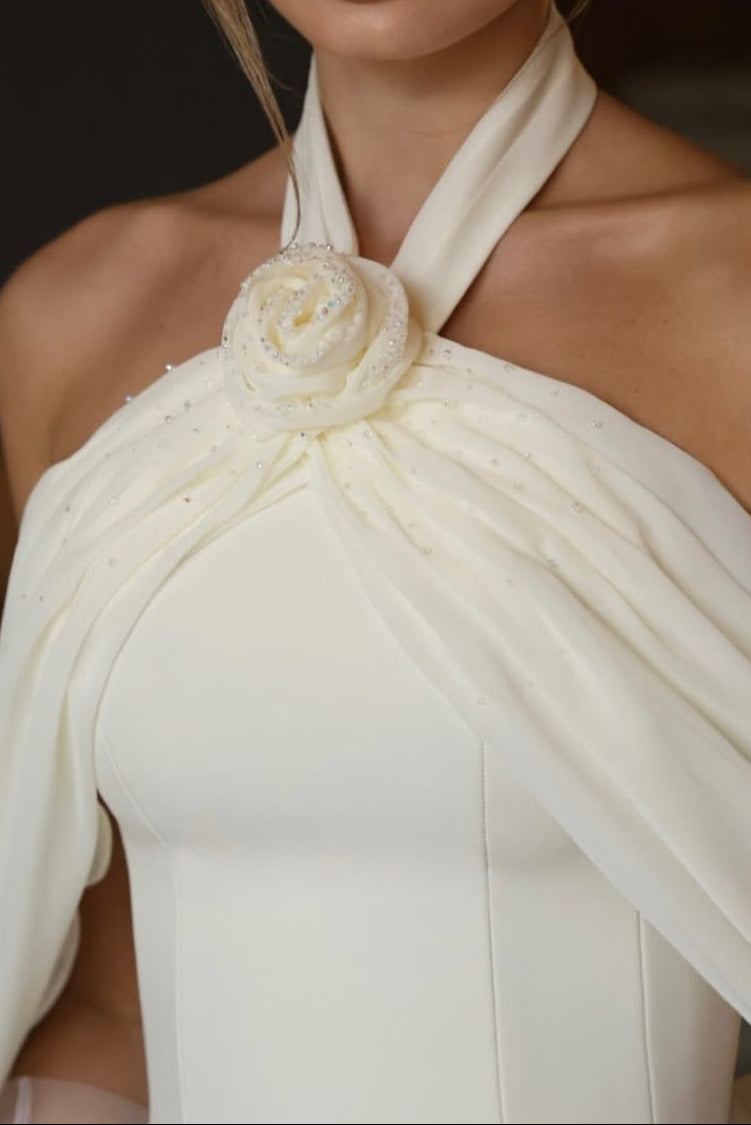 Halter Mini Dress with Rosette and Draped Cape