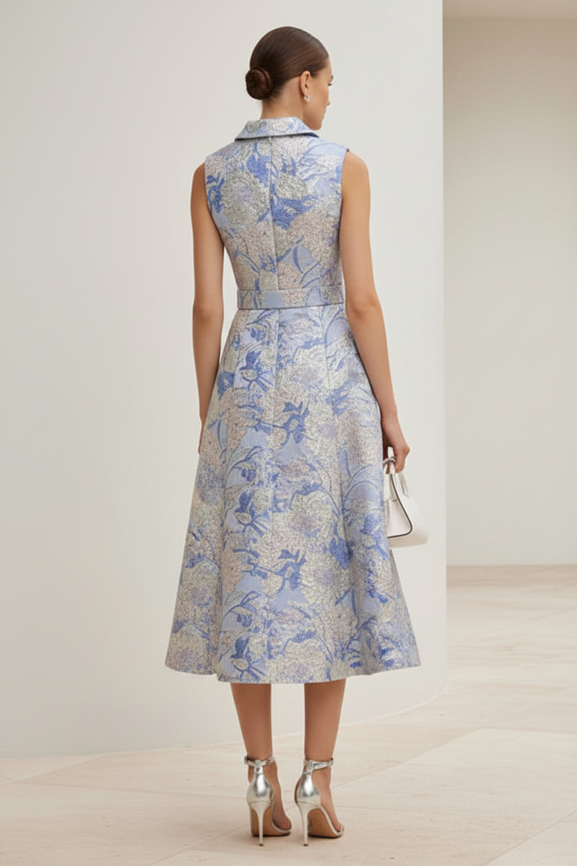 Sleeveless Metallic Jacquard A-Line Midi Dress