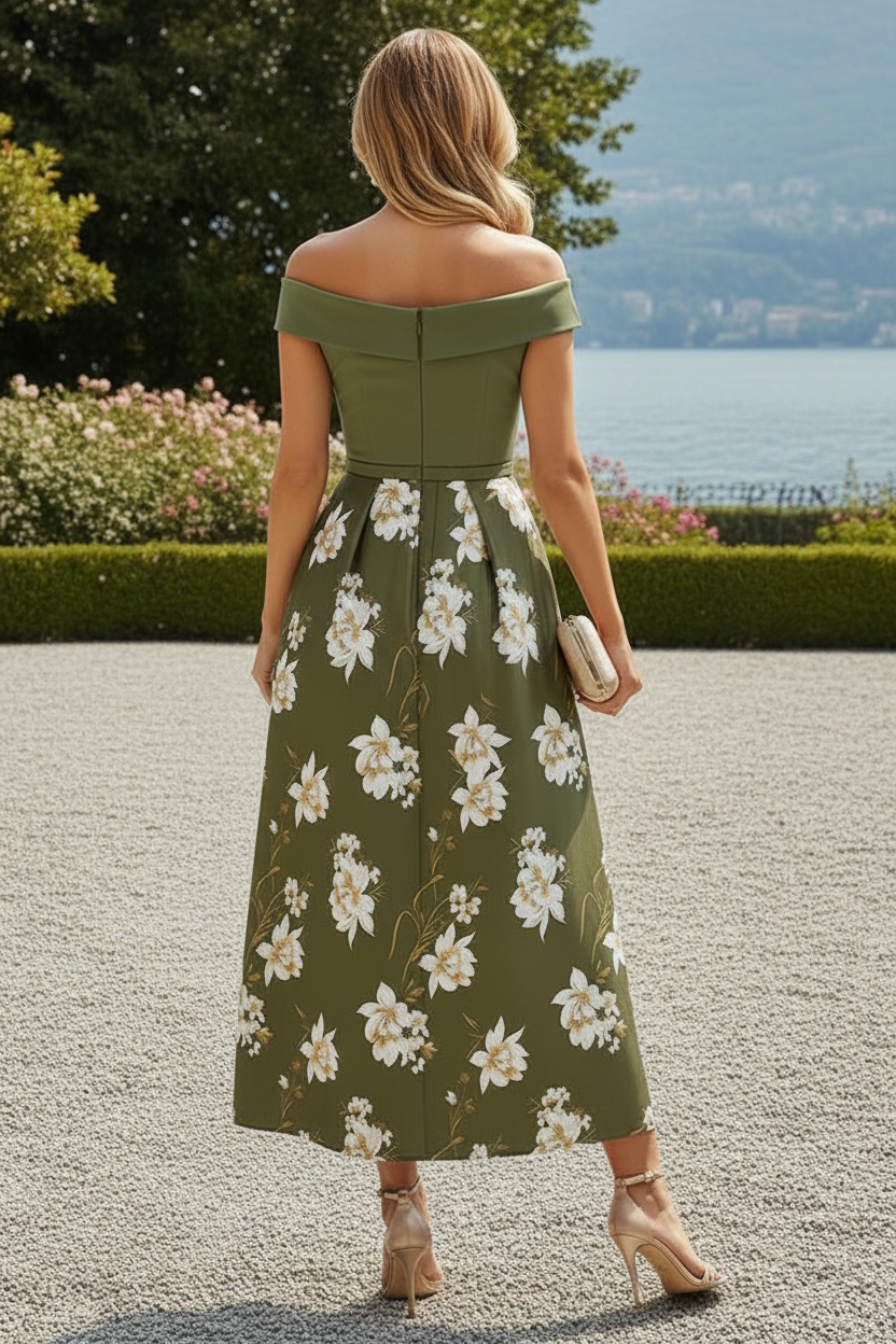 Floral Off-the-Shoulder Tea-Length A-Line Dress