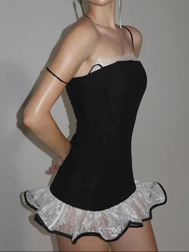 Lace Trim Ruffle Hem Corset Mini Dress