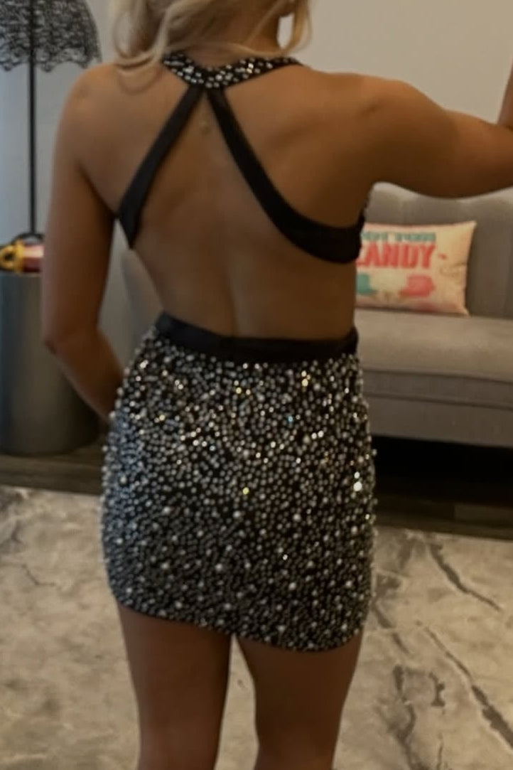 Pearl Embellished Cut-Out Halter Mini Dress