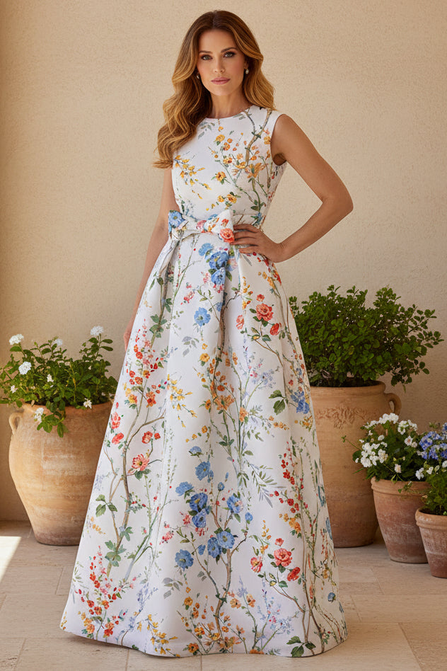 Floral Print Sleeveless Pleated Gown with Bow