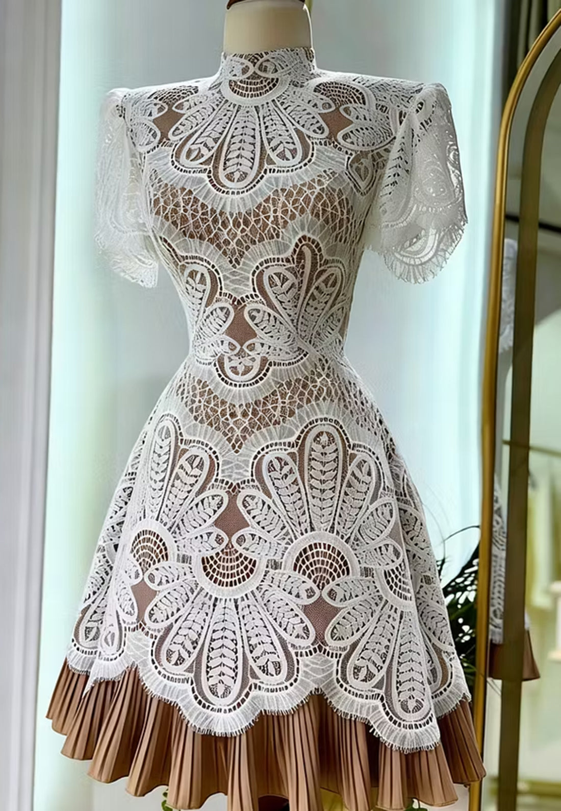 High Neck Lace Mini Dress with Pleated Ruffle Hem