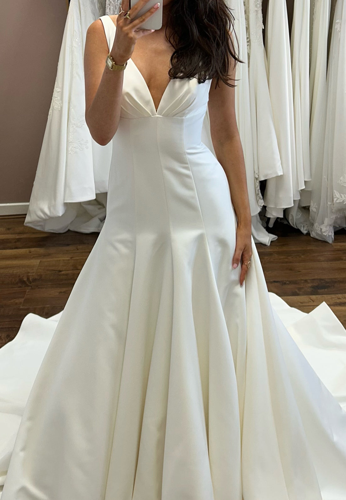 Deep V-Neck Pleated Bust Satin Trumpet Wedding Dress