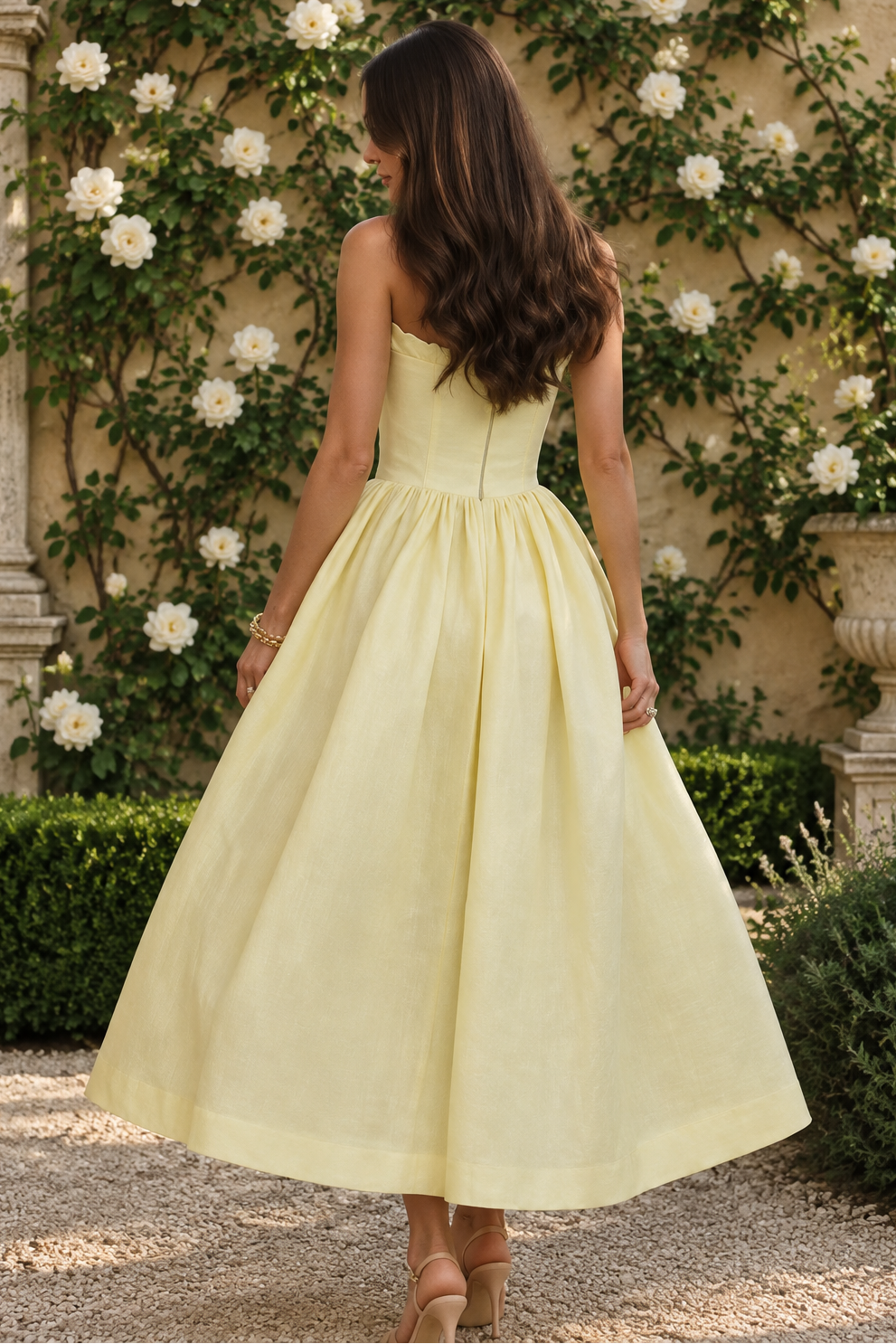 Strapless Floral Applique A-Line Midi Dress