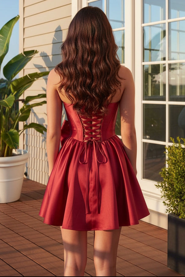 Strapless Corset Mini Dress with Pearl-Beaded Bow