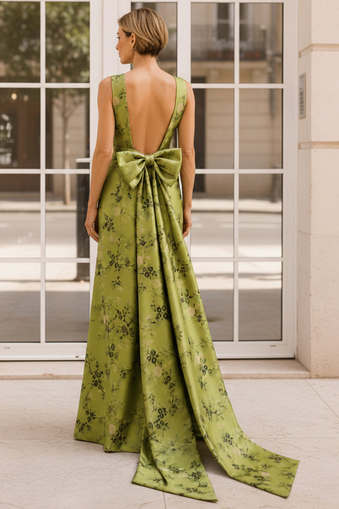 Floral High-Neck Gown with Open Back and Bow