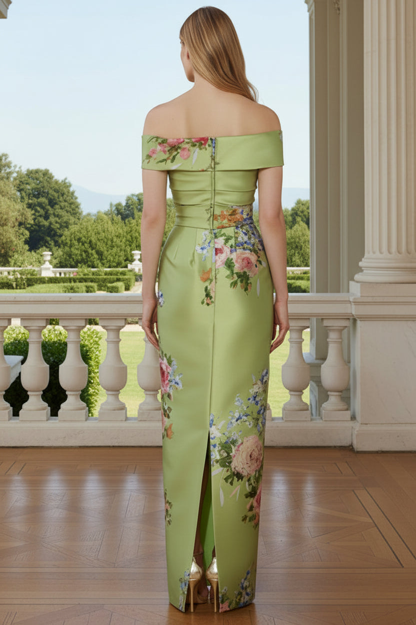 Off-the-Shoulder Floral Column Gown with Bow