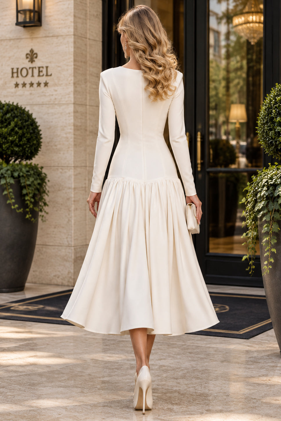 Square Neck Drop Waist Midi Dress with Long Sleeves