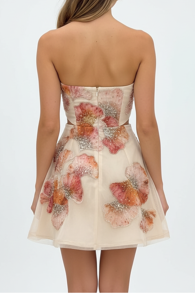Strapless Floral Applique Cutout Mini Dress
