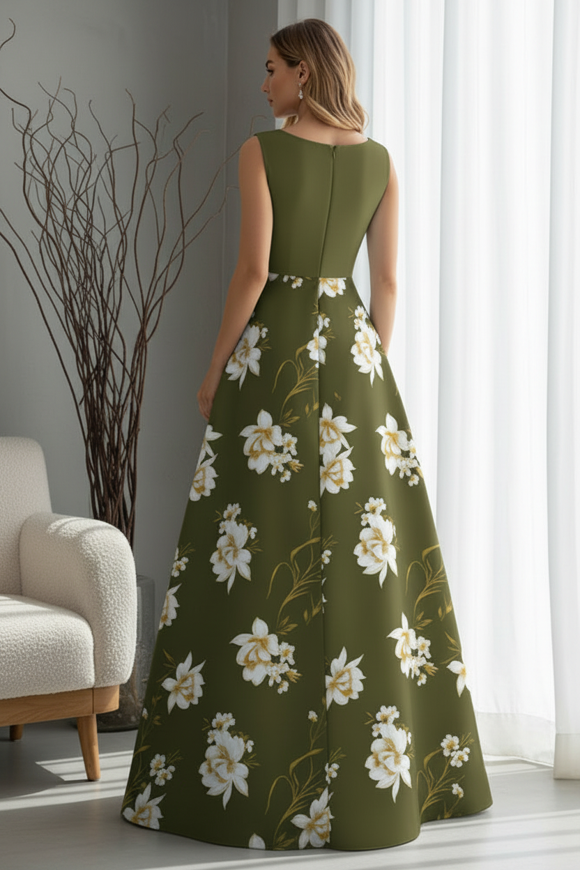 Sleeveless Floral Print A-Line Evening Gown