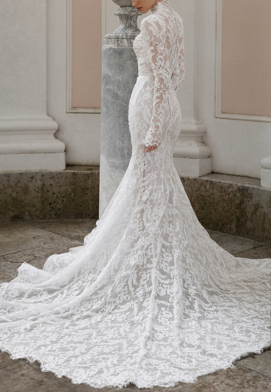 High-Neck Lace Long-Sleeve Wedding Dress