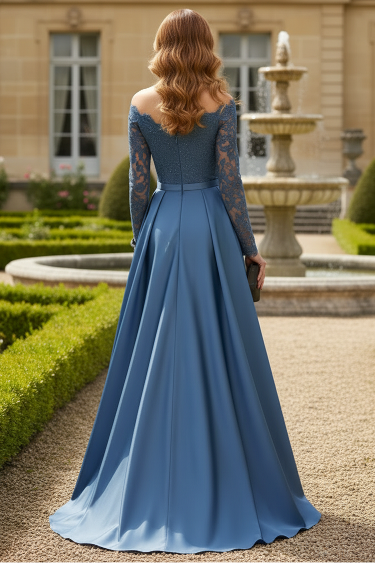Off-Shoulder Lace & Satin A-Line Evening Gown
