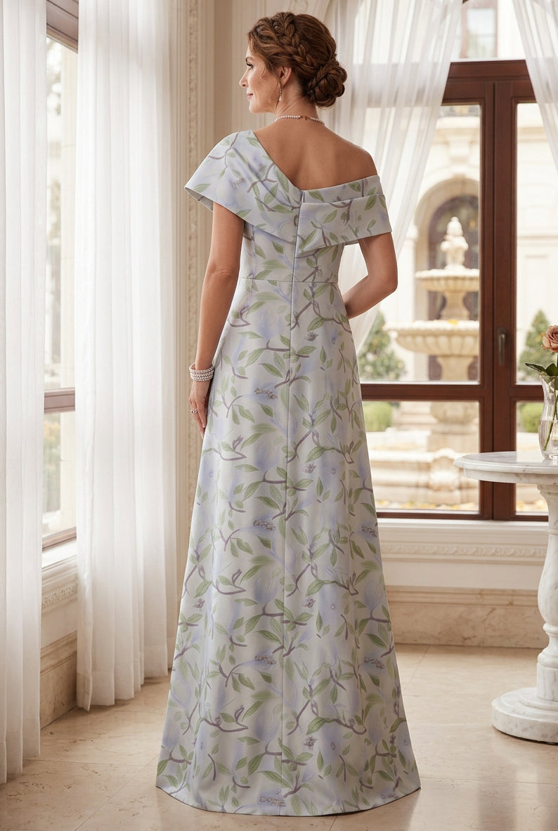 Asymmetric Leaf Print Gown with High Slit