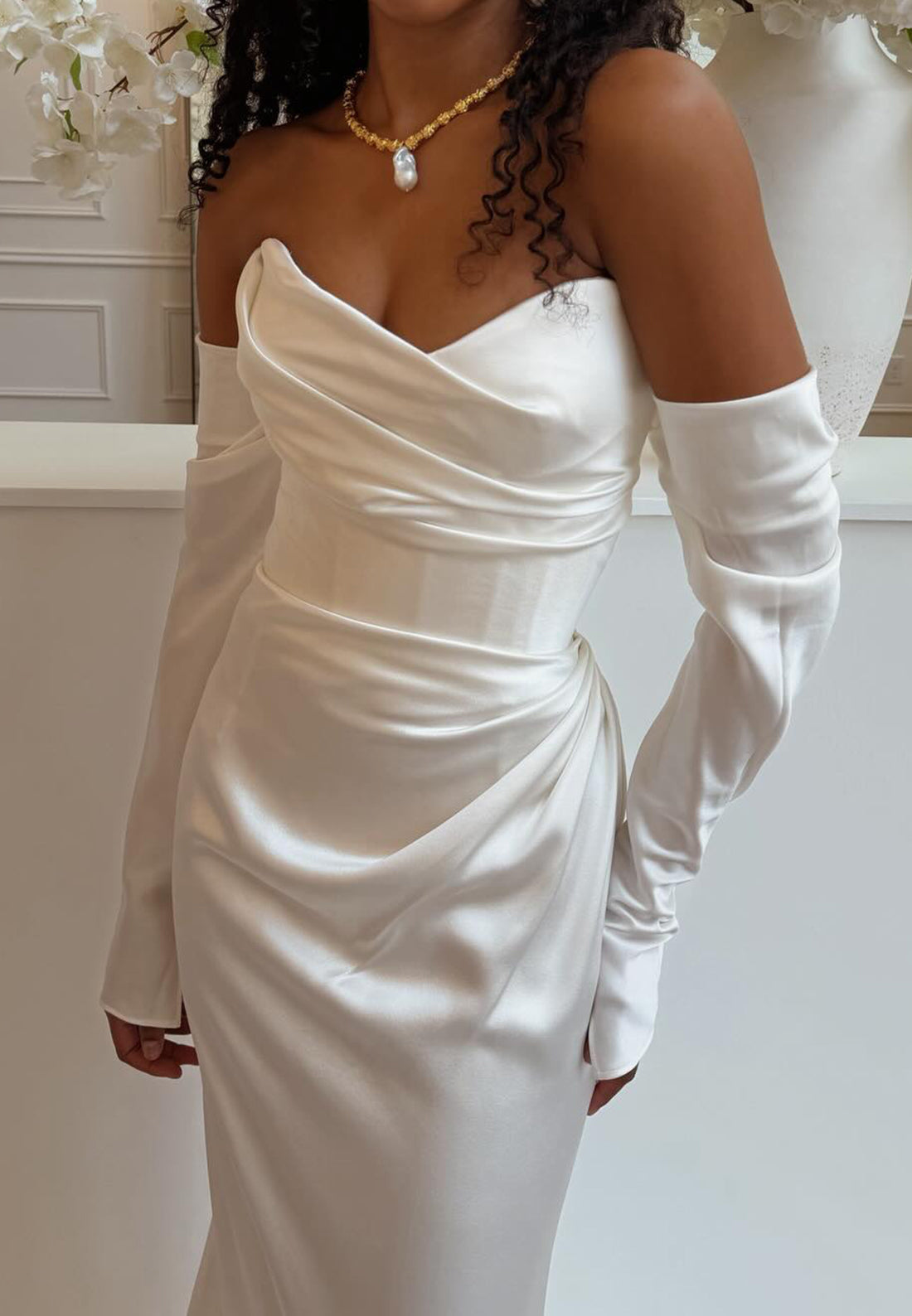 Draped Satin Wedding Dress with Detached Sleeves