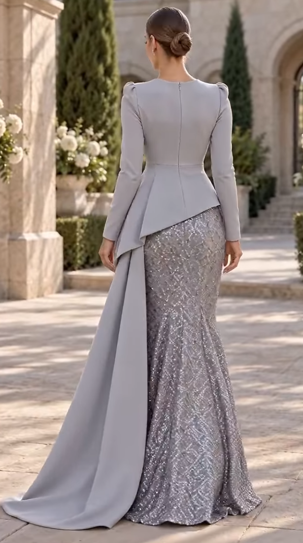 Asymmetrical Peplum Sequin Mermaid Gown