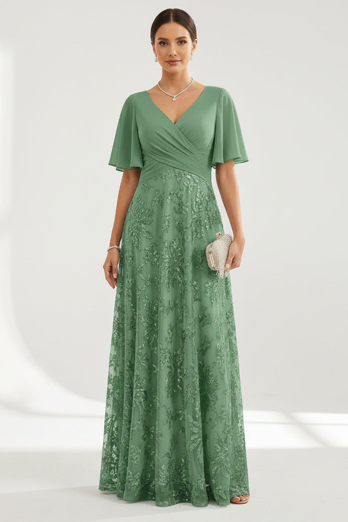 Flutter Sleeve Lace A-Line Evening Gown
