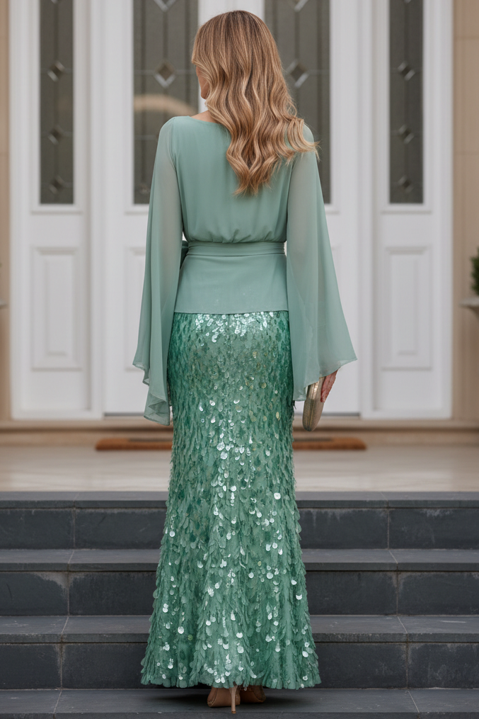 Sequin Maxi Dress with Cape Sleeves and 3D Flower