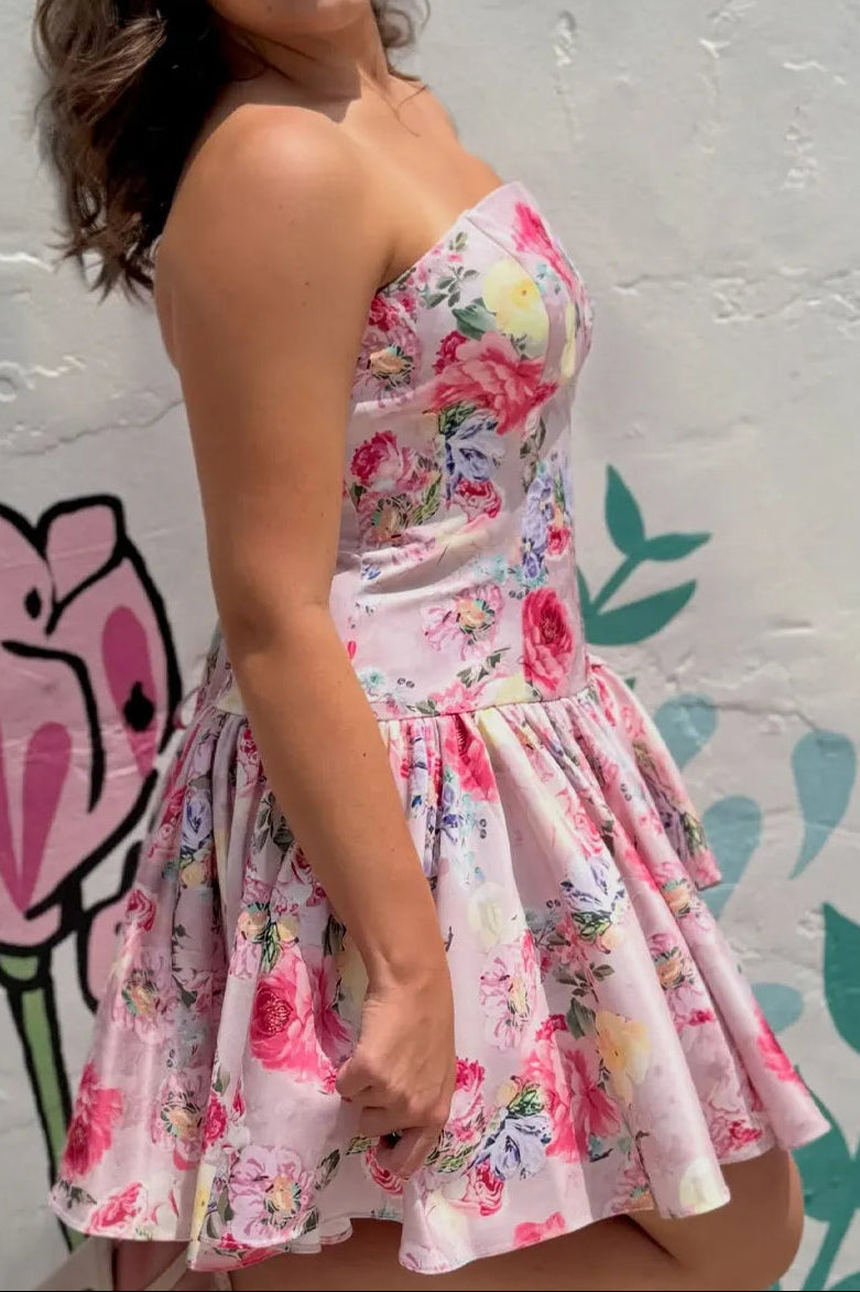 Strapless Floral Corset Mini Dress with Bow Skirt