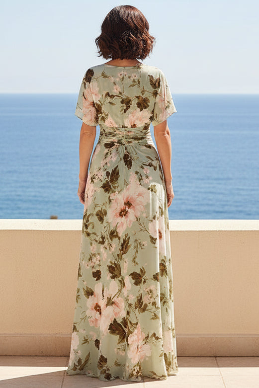 Floral Ruched Waist A-Line Maxi Dress