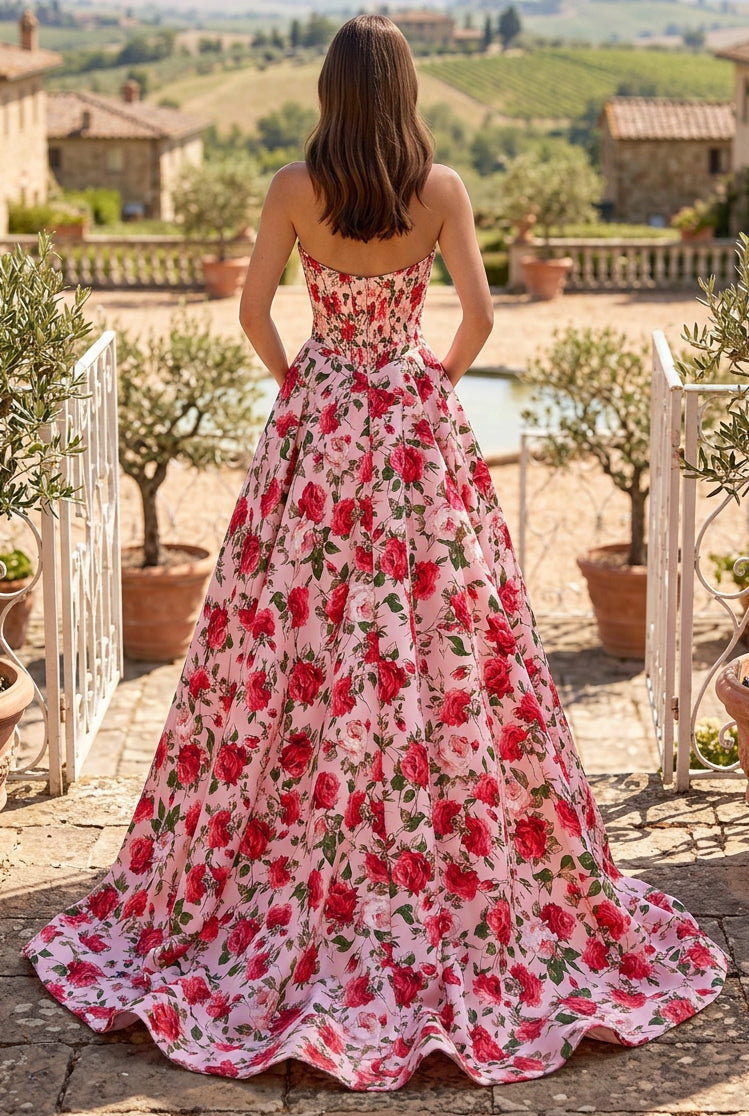 Strapless Floral Print Ball Gown with Slit