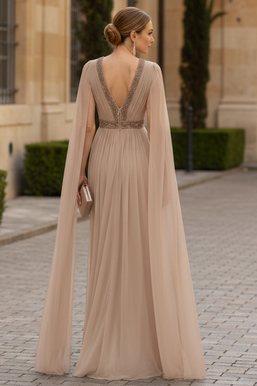 Embellished V-Neck Evening Gown with Cape Sleeves