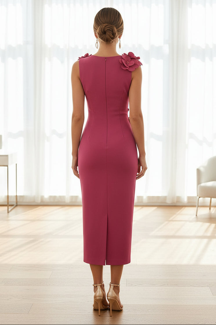 Sleeveless Midi Sheath Dress with 3D Floral Appliques