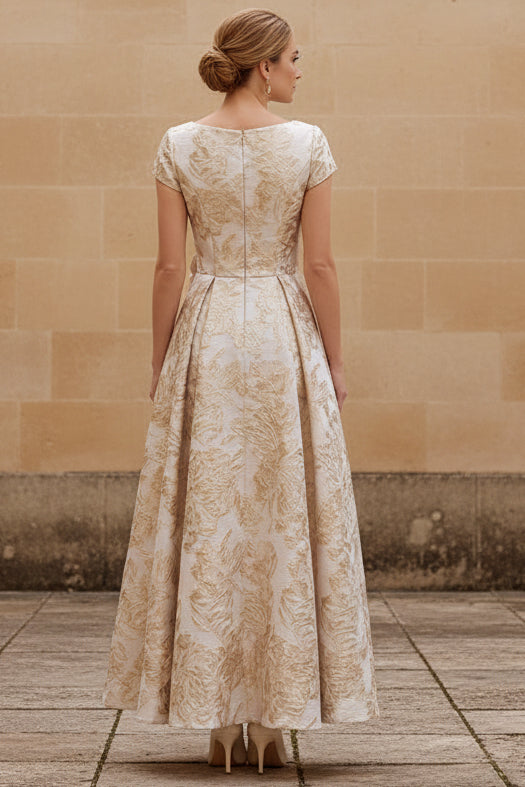 Floral Jacquard A-Line Tea-Length Evening Dress