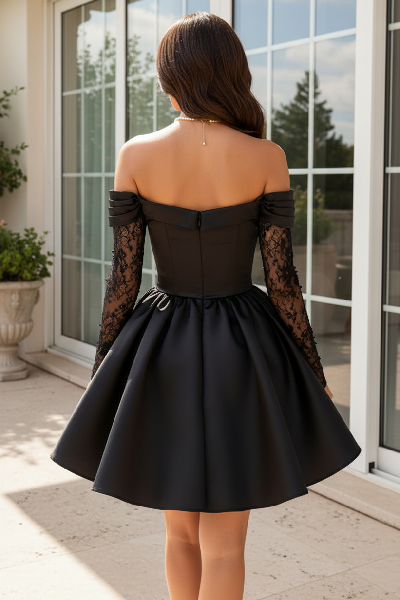 Off-the-Shoulder Lace Sleeve Pleated Mini Dress