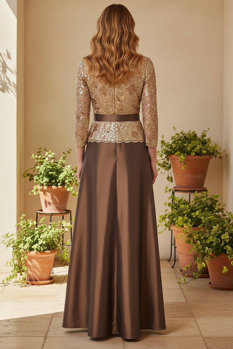 Sequin Lace Bodice A-Line Gown with Bow Sash