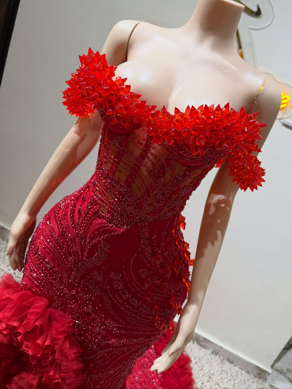 Off-the-Shoulder Beaded Corset Gown with Ruffle Train