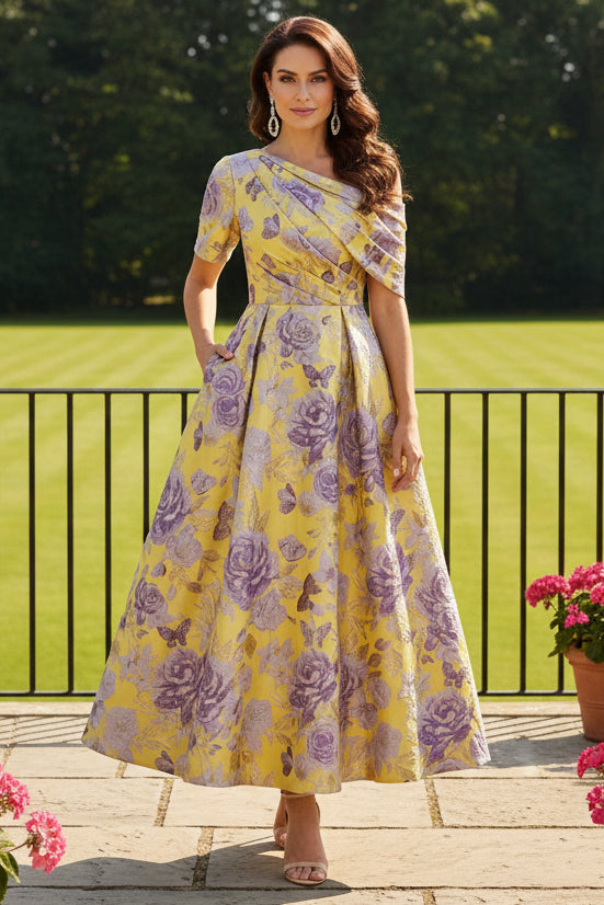 Off-Shoulder Floral Jacquard Tea-Length Dress
