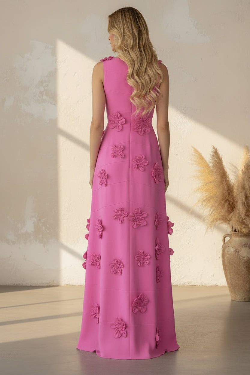Sleeveless Maxi Column Gown with 3D Floral Appliques