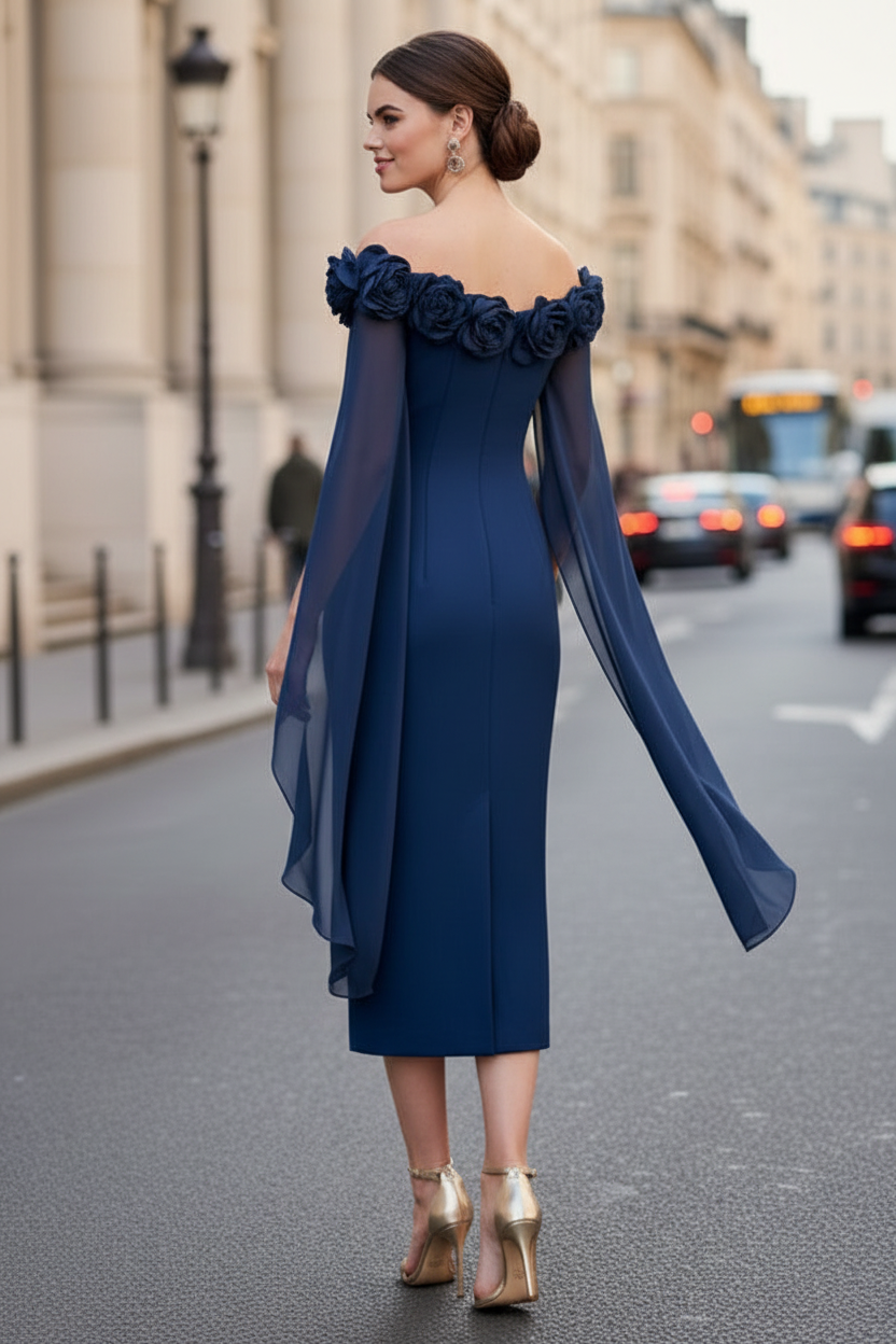 Off-the-Shoulder Cape Sleeve Midi Dress with 3D Flowers