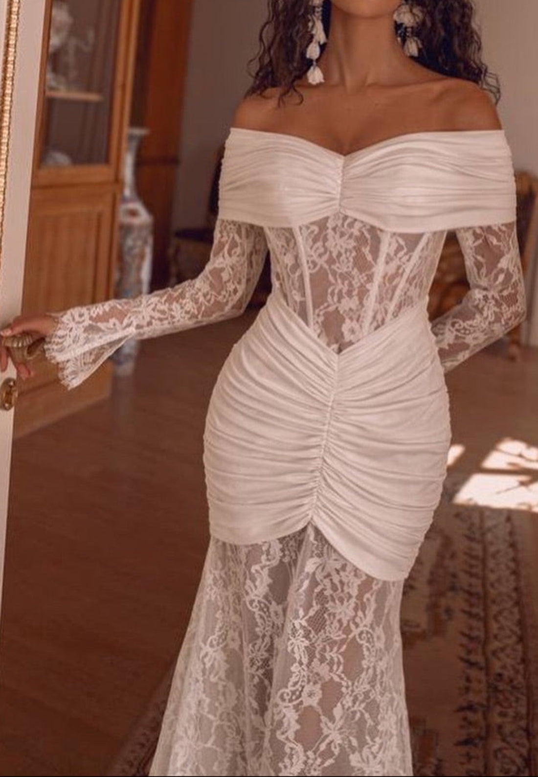 Off-the-Shoulder Ruched Lace Mermaid Wedding Dress