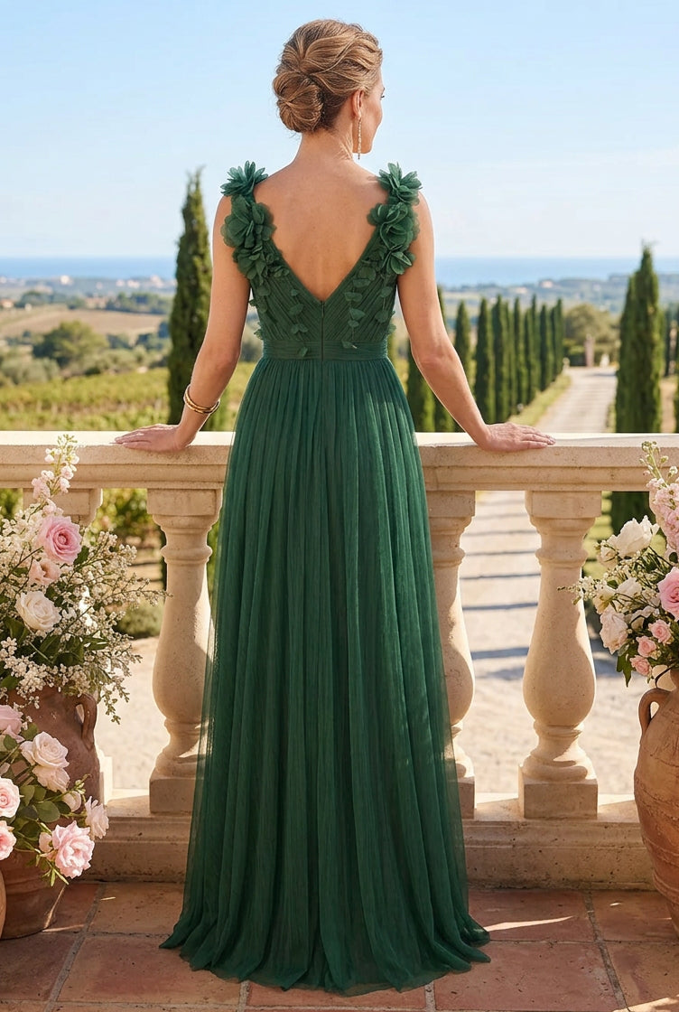 Floral Applique Pleated Tulle Gown