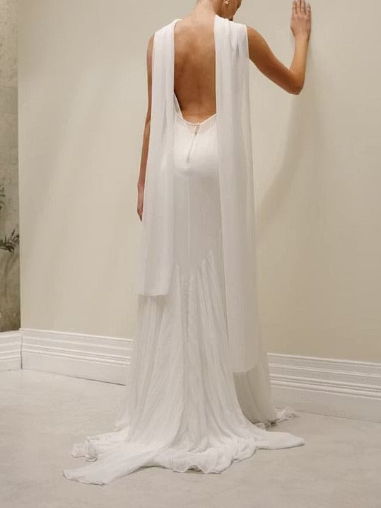 High Neck Open Back Wedding Dress with Shoulder Drapes