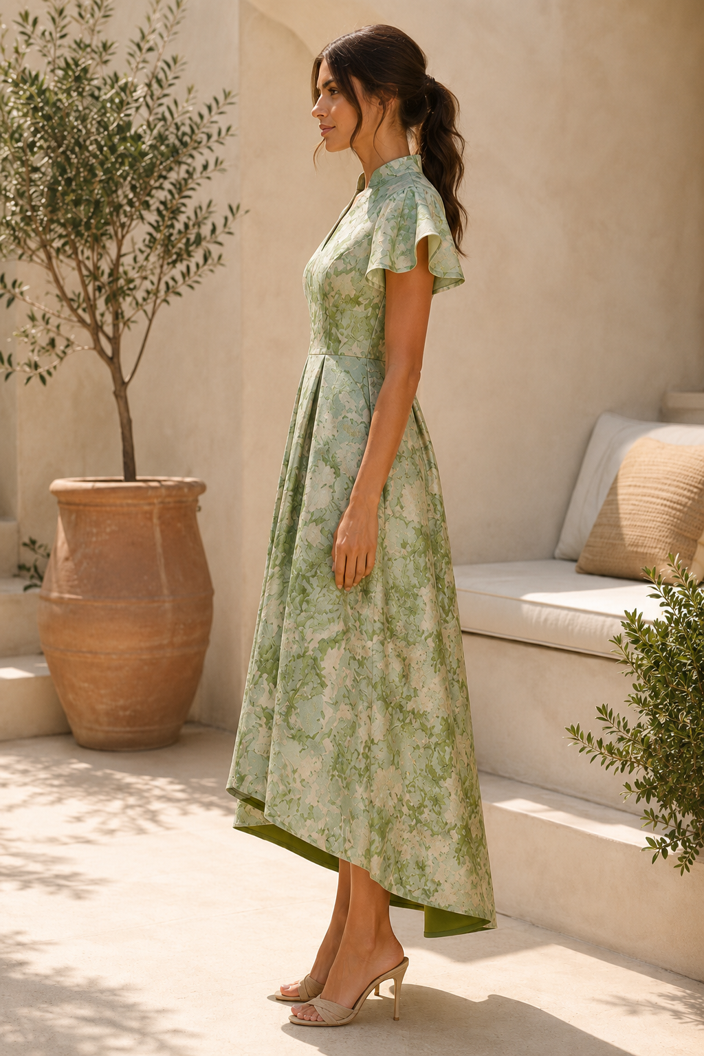Jacquard Flutter Sleeve High-Low Midi Dress