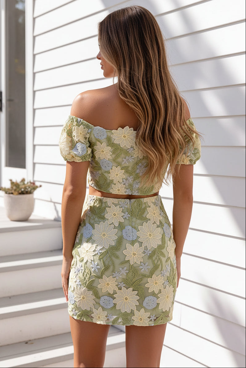Floral Embroidered Off-Shoulder Two-Piece Mini Dress